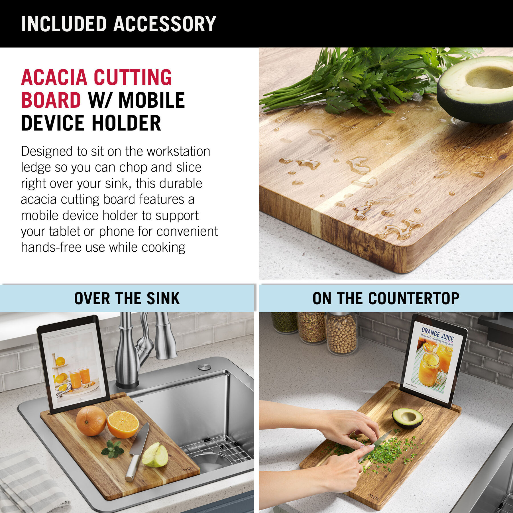 25” Workstation Kitchen Sink Drop-In Top Mount Stainless Steel Single Bowl with WorkFlow™ Ledge and Accessories, image 1